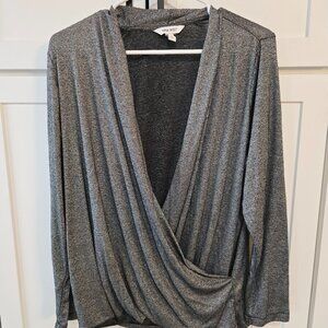 Nine West Silver Blouse Wrap Drape Metallic Shimmer Sheer Dressy XL 1X